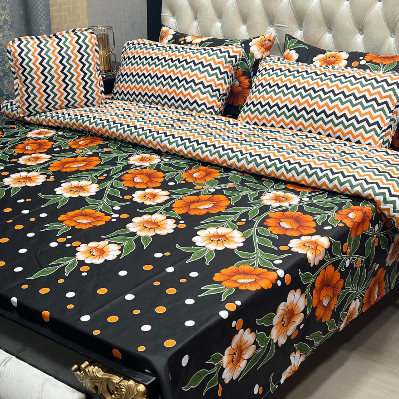 Black Orange Floral Bedsheet